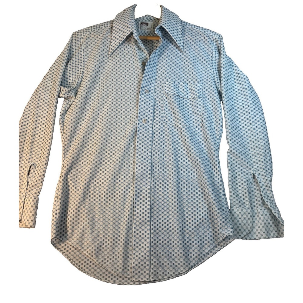 Vintage Montgomery Ward Mens Med Blue Polyester Geometric Shirt 70s Mod Disco